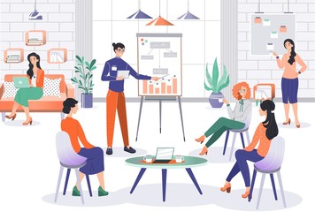 Business project presentation in office, group manager cartoon character, vector illustration. Creative people work together in comfortable modern office space, coworking business team meeting success