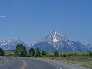Distant view of the snow-capped mountain ranges at the Grand Teton National Park, Wyoming.