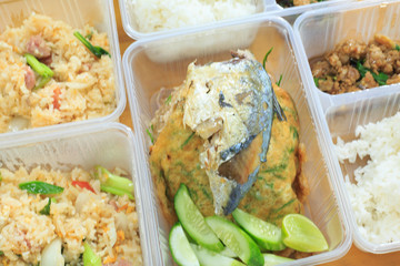 Fried Rice with Mackerel Fish In a plastic box that can be heated in the microwave