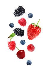 Set of falling sweet berries on white background