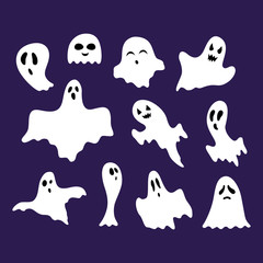 Cartoon White Ghosts Signs Icon Set. Vector