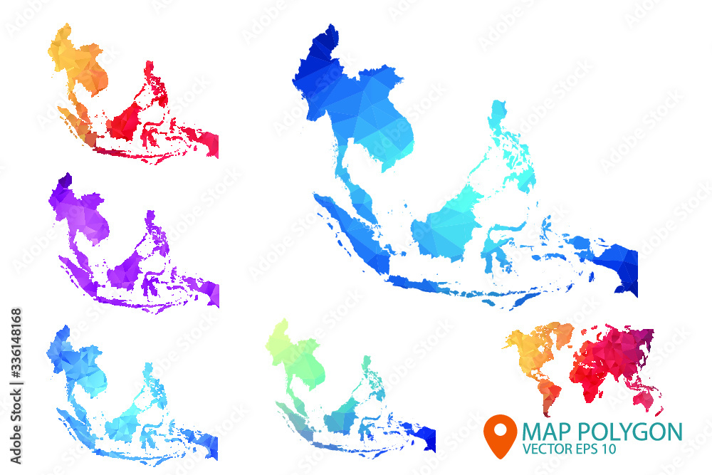 Sticker Southeast Asia Map - Set of geometric rumpled triangular low poly style gradient graphic background , Map world polygonal design for your . Vector illustration eps 10.