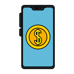 Coin inside smartphone of money financial item banking commerce market payment buy currency accounting and invest theme Vector illustration