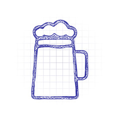 Beer glass cup. Simple linear icon with thin outline. Hand drawn sketched picture with scribble fill. Blue ink. Doodle on white background