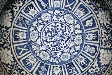 Decorative patterns on ancient Chinese blue and white porcelain relics
