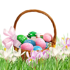 Easter eggs in a basket on white background