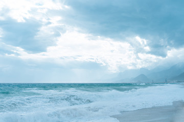 Storm Mediterranean Sea blue sea with clouds and high waves