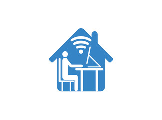 Man working on the computer from home icon in the shape vector, Online freelance work symbol, wifi flat illustration on a white background