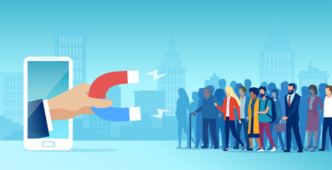 Vector of a diverse group of people being attracted by hand holding magnet into social media