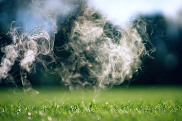 Smoke on green grass lawn, beautiful sunny weather.