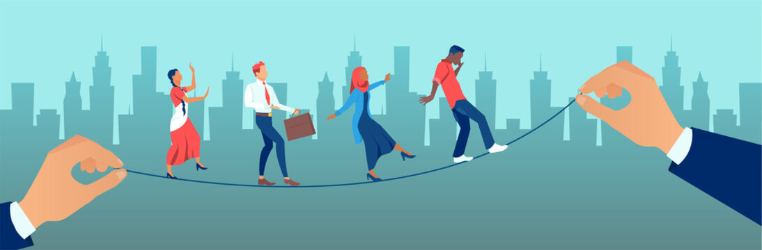 Vector of a group of people walking on balancing tight rope being held by big businessmen
