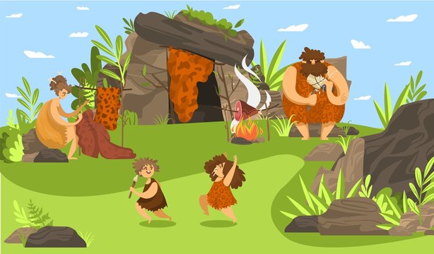 Primitive people family, happy prehistoric children playing, stone age parents using tools, vector illustration. Caveman cartoon character, happy boy and girl outdoor, cave shelter settlement dwelling