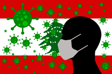 Human using a Mouth Face Masks or  Mouth Cover ro surrounded wiht virus with LEBANON flag