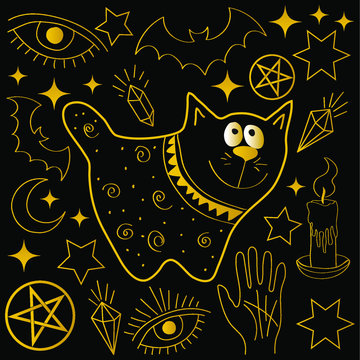 Mystical set with a cute cat, bats, crystals and candles for creative Halloween design, magic illustrations. Vector.