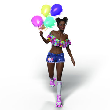 Roller Girl with Balloons (Transparent with Shadows)