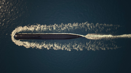 Atomic submarine floating in ocean, aerial view