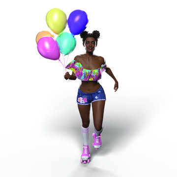 Roller Girl with Balloons (Transparent with Shadows)