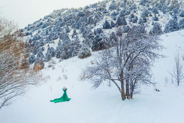 A girl in fabulous long green dress in snow-covered mountains. A woman in a fairy-tale dress in...