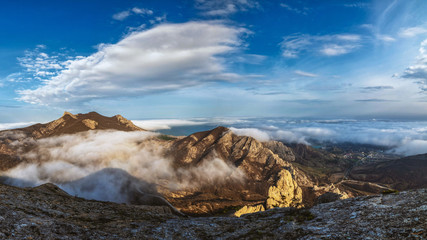 Rocky mountains panorama in the fog