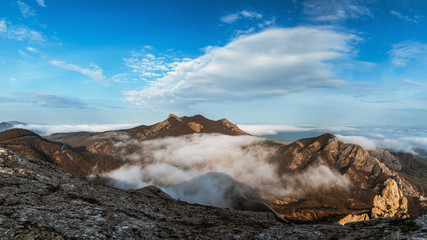 Rocky mountains panorama in the fog