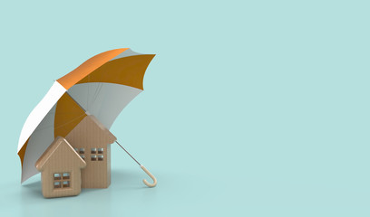 umbrella protect small house with a roof. House insurance concept