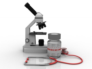 3d rendering Microscope with stethoscope near medicine bottle
