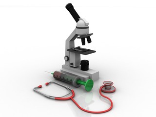 3d rendering Microscope with stethoscope near Syringe