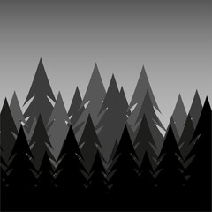 Fototapeta premium Background of night pine forest, nature, landscape. Abstract silhouettes of forest trees, natural landscape of coniferous trees. Flat style. Vector