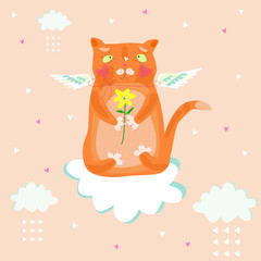 Cute red cat on a cloud with wings. Vector graphic.
