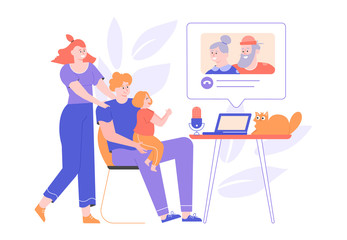 Fototapeta premium Parents and little daughter call grandparents from a laptop. Online chat, video call, remote communication with relatives. Family together. Quarantine and self-isolation. Vector flat.