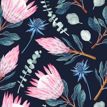 Vector seamless pattern with protea and greenery