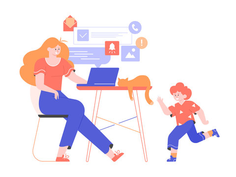 Young mom freelancer works remotely at home from laptop. The little son is playing nearby, the cat is sleeping on the desk. Vector flat illustration.