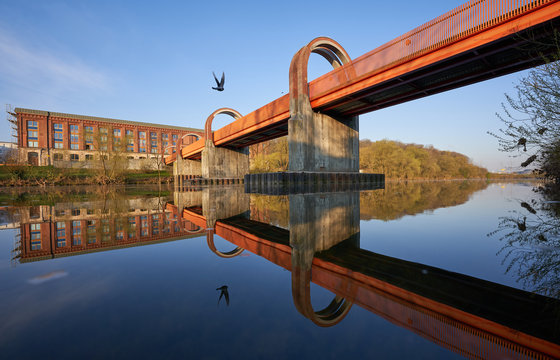 Altes Spinnerei Gebäude spiegelt sich am frühen kalten morgen im Wasser des Neckars, Taube fliegt vorbei