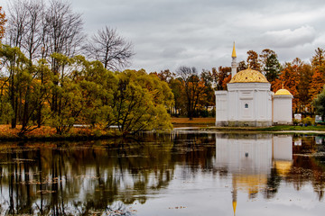 The Pavilion Turkish bath next to the lake in Catherine Park of the former Russian royal residence....