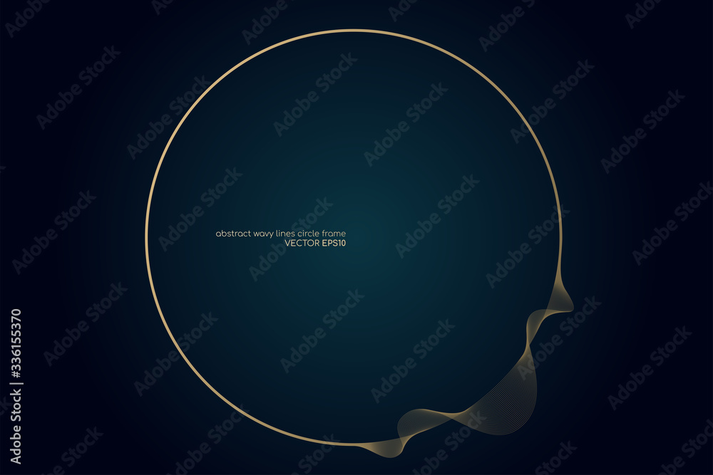 Poster Circle round frame by gold wavy lines isolated on dark teal gradient background with space for text. Vector design element luxury style for banner, background, border frame