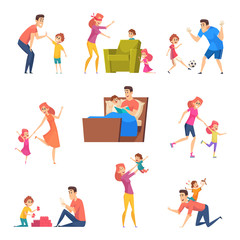 Parents and kids. Children good time in happy family father mother playing with son and daughter vector characters. Mother and father character, daughter and son happy play with parents illustration