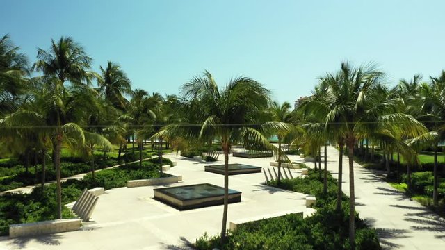 Aerial reveal Miami Beach South Pointe Park chut down coronavirus covid 19 social distancing