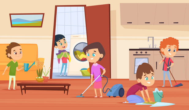 Housework with parents. Family couple mother father and kids making cleaning in house wash furniture brooming floor vector characters. Family parents children do housework, housekeeping illustration