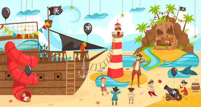 Pirate party for children birthday, happy kids playing fun game, vector illustration. Boys and girls cartoon characters, piracy quest adventure. Playground entertainment, children in pirate costumes