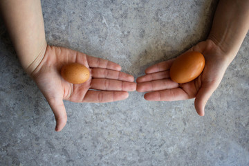 female hands holding two chicken eggs of different sizes