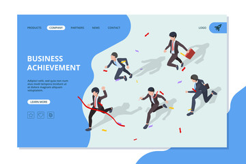 Business landing. Running business characters corporate office managers and leaders moving to the finish vector web page template. Business leader, people running to goal illustration