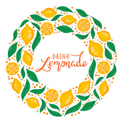 Lemons leafs round border with lettering design drink lemonade