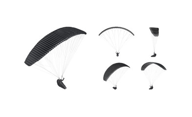 Blank black paraglider with person in harness mockup, different views