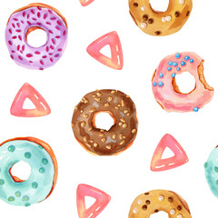 Hand painted bright watercolor donuts seamless pattern