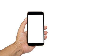 Hand holding smartphone with blank screen isolated on a white background