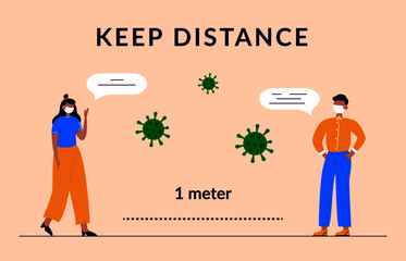 COVID-19 preventive measure concept. Stop coronavirus outbreak spreading social distancing design, woman man keep distance, virus signs isolated on abstract background. Vector illustration
