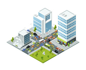 Crossroad jam traffic. Isometric urban transport active movement in jammed city vector 3d buildings busses and cars. Illustration street traffic jam, urban city road