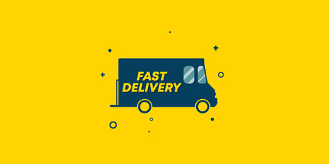 The delivery car goes and the inscription "Fast Delivery 24/7" appears. Animation of a food delivery van on a yellow background