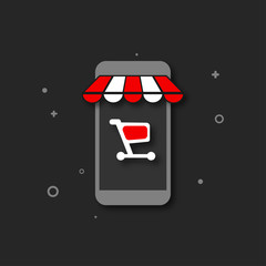 Online shopping. Buy items from your phone or any other device. Phone with a shopping basket on a black background
