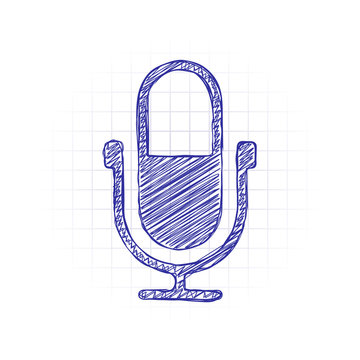 Simple microphone icon. Hand drawn sketched picture with scribble fill. Blue ink. Doodle on white background